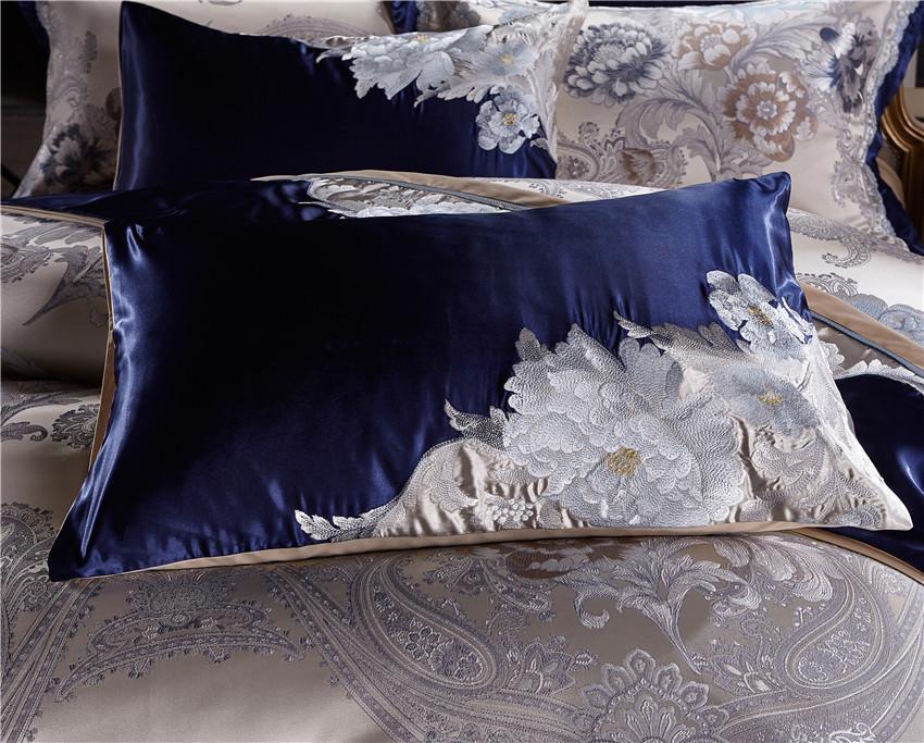 Ensemble de housse de couette chinois de luxe en jacquard de coton et de soie bleu argenté Impero