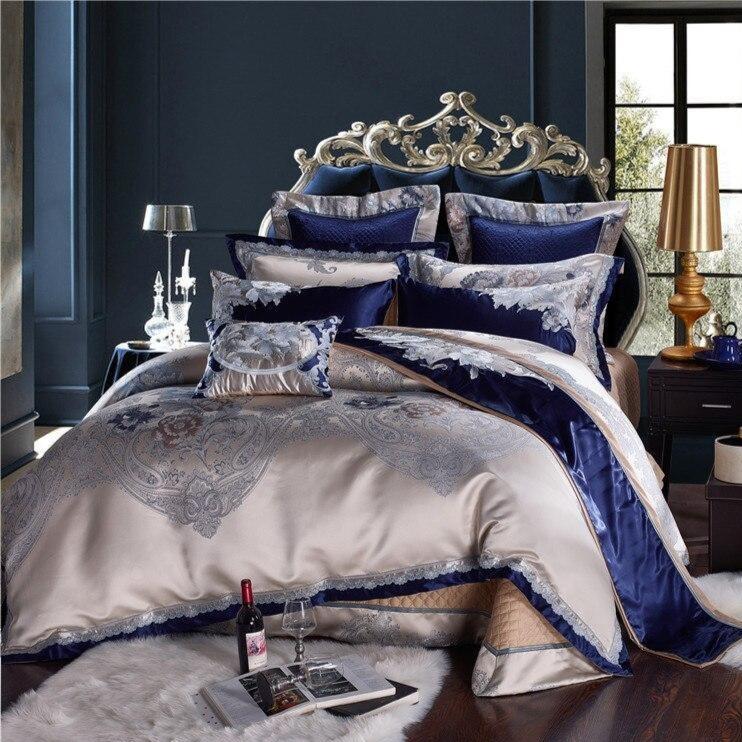 Impero Blue Hopea Silkki Puuvilla Jacquard Ylellinen kiinalainen vuodevaatteet setti