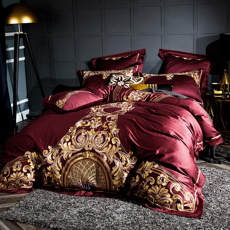 Lezkira Parure de lit de luxe en coton égyptien avec broderie Rouge bordeaux