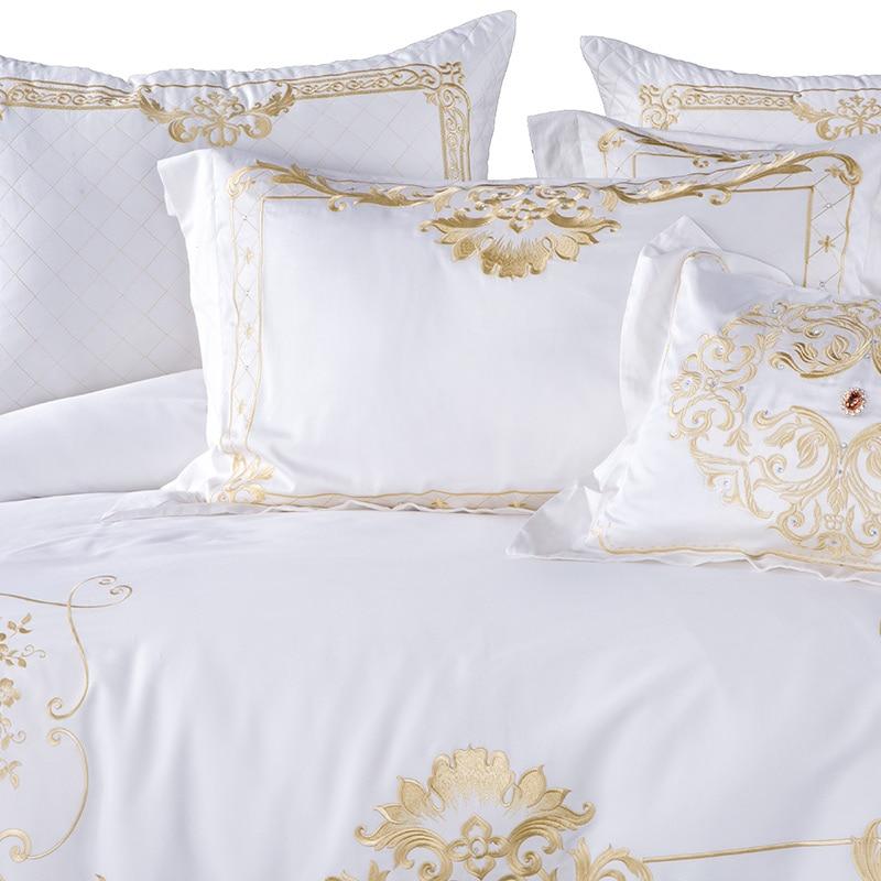 Set biancheria da letto con ricamo in cotone egiziano bianco DeLuxxe