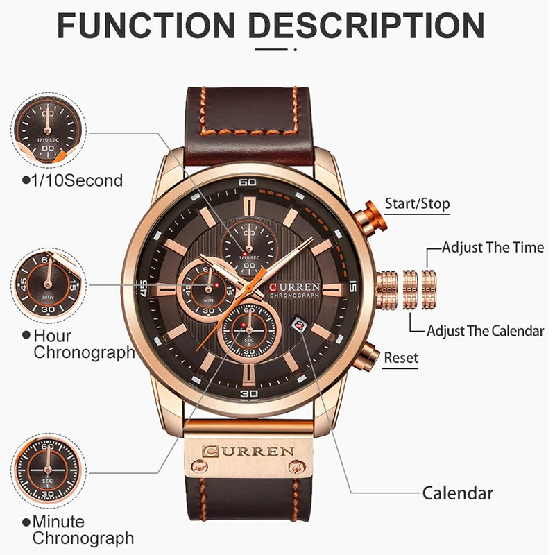 8291 Leren sporthorloge voor heren - Chronograaf quartz polshorloge in militaire stijl