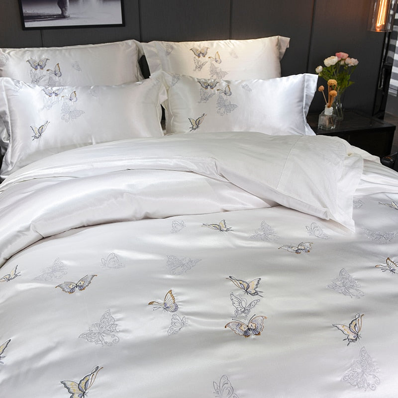 Mazeyna White Silver Silk Cotton Luxury Butterfly Duvet Cover set