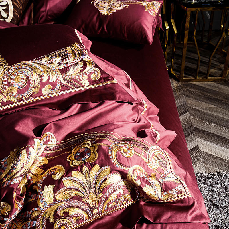 Lezkira Burgundy Red Luxury Egyptian Cotton Embroidery Bedding Set