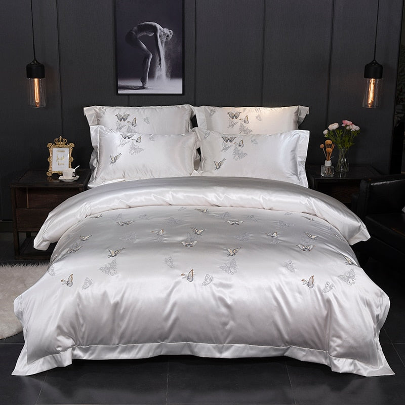 Mazeyna White Silver Silk Cotton Luxury Butterfly Duvet Cover set