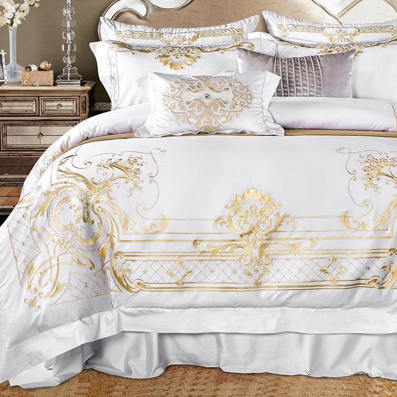 Set biancheria da letto con ricamo in cotone egiziano bianco DeLuxxe