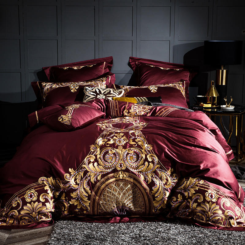 Lezkira Burgundy Red Luxury Egyptian Cotton Embroidery Bedding Set