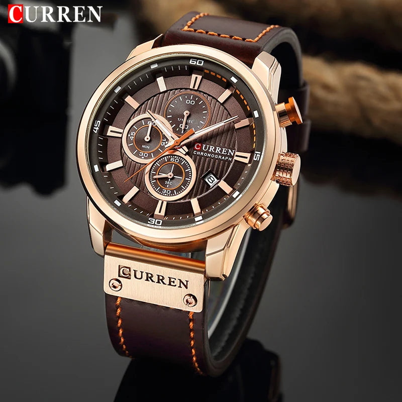 8291  Men's Leather Sports Watch - Chronograph Military Style Quartz Wristwatch