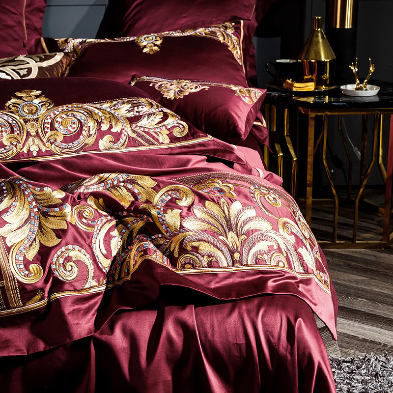 Lezkira Burgundy Red Luxury Egyptian Cotton Embroidery Bedding Set