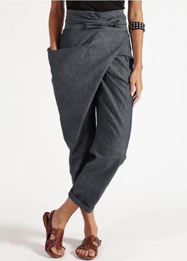 Pantalones de verano Harem de algodón de cintura alta con diseño asimétrico gris hechos a mano