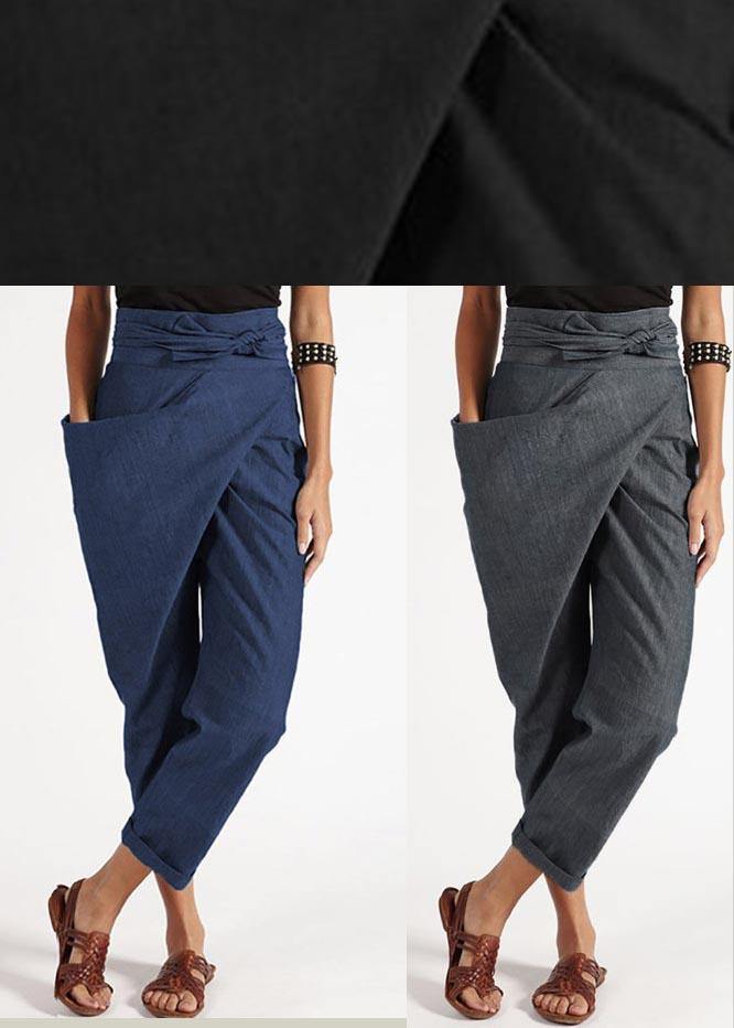 Pantalones de verano Harem de algodón de cintura alta con diseño asimétrico gris hechos a mano