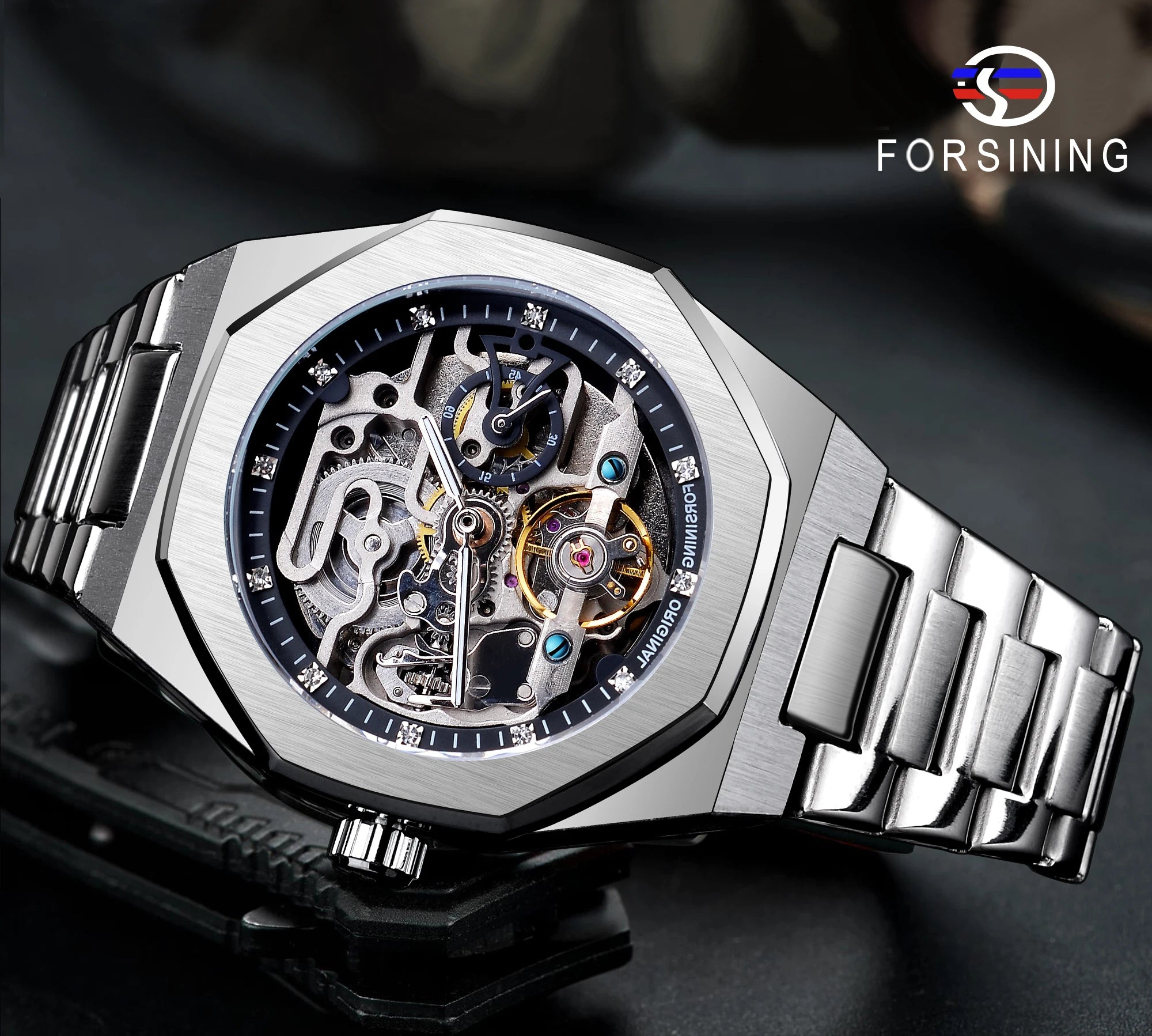 Forsining Casual Automaattikello 3D Diamond Skeleton Ontto Miesten Rannekellot Valovoimaiset Military Kellot Tourbillon Montre Homme