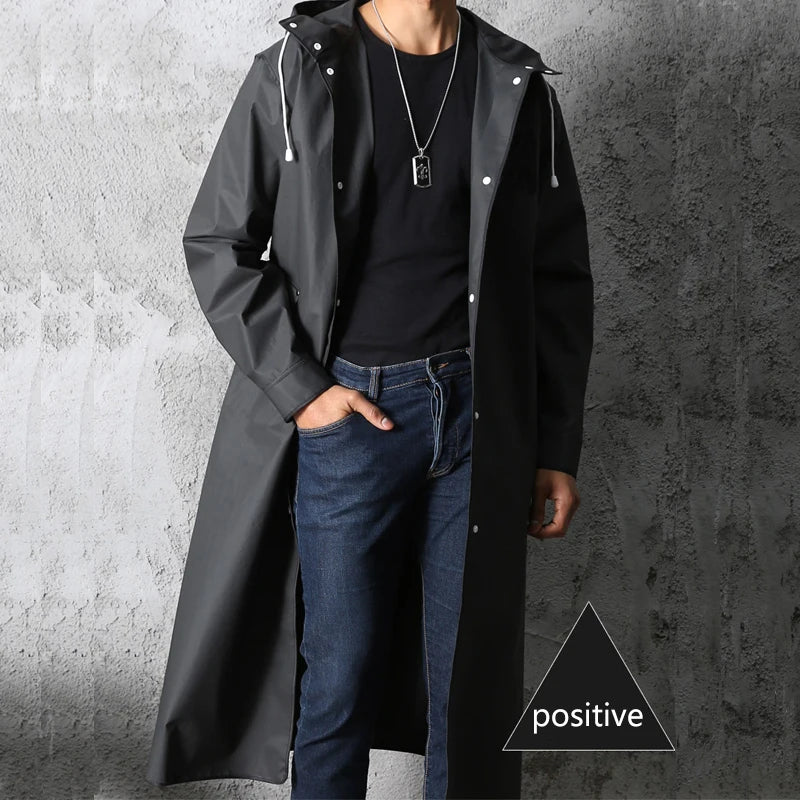 Manteau imperméable long noir d'automne - Veste épaisse à capuche pour l'extérieur