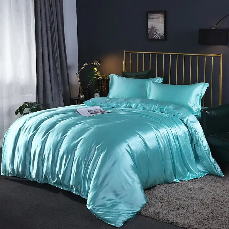 Parure de Lit Luxe en Soie - 4 Pièces (1 Drap Plat + 1 Housse de Couette + 2 Taies d'Oreiller)