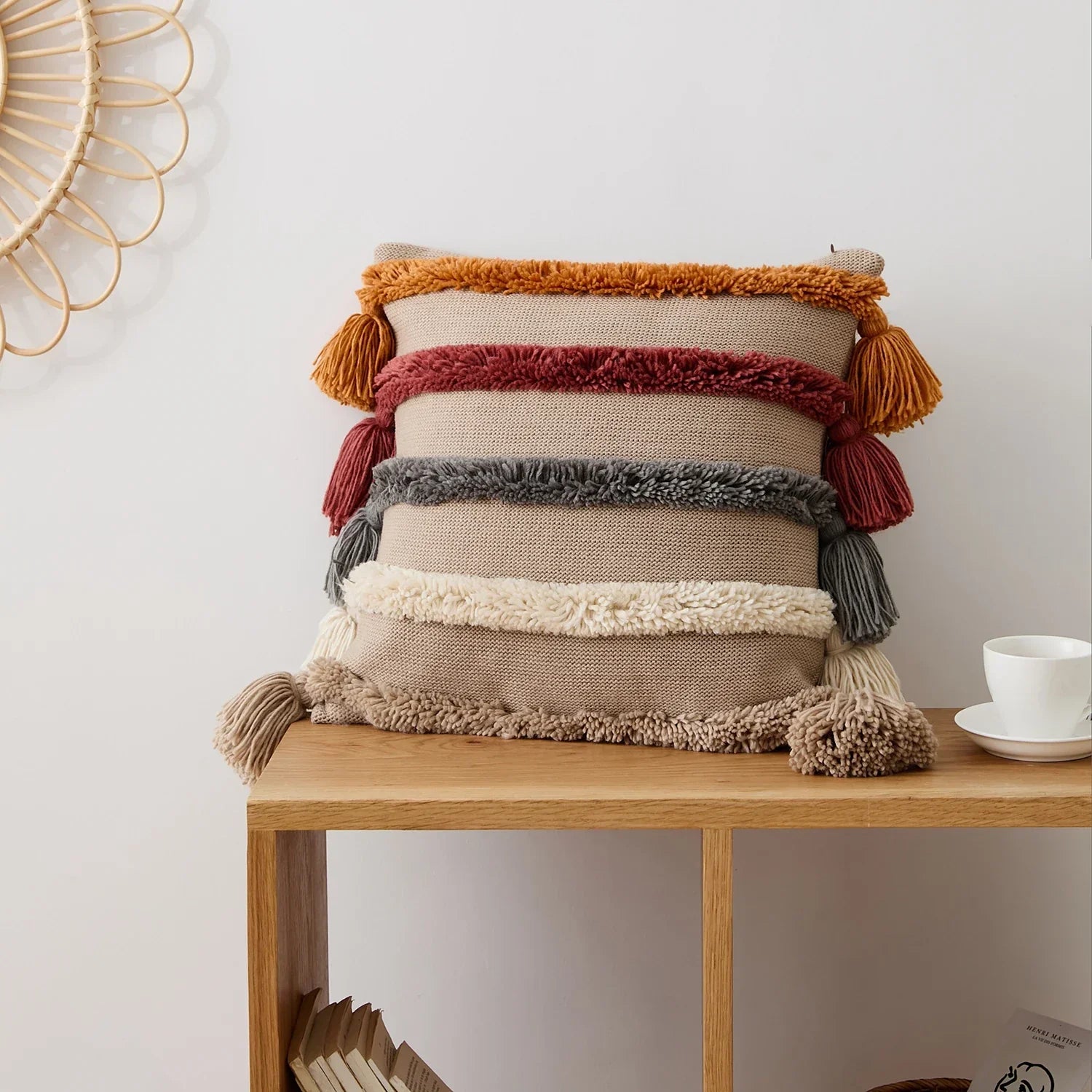 Housse de coussin touffetée style bohème – avec pompons