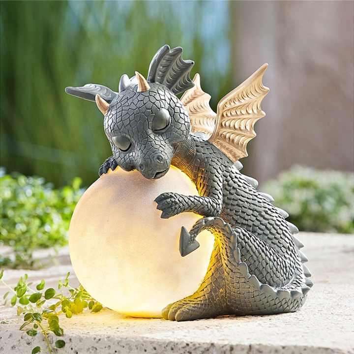 Statue de jardin - Draconis - Éclairage solaire - Lampe statue de dragon en résine