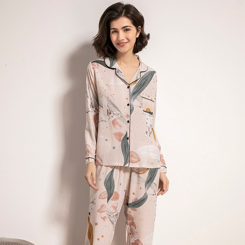 Langärmliger Pyjama mit Blumendruck für Damen