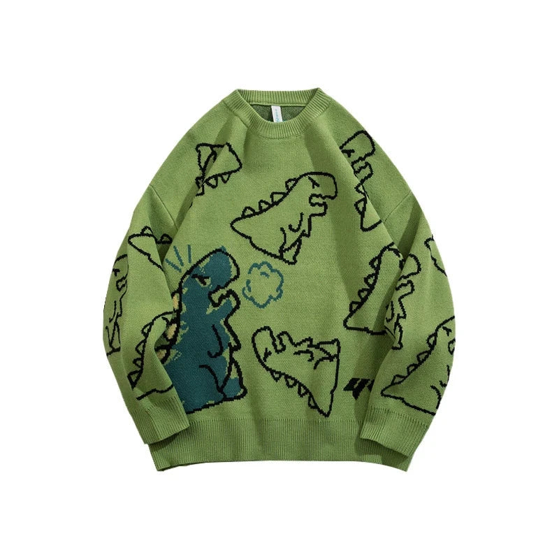 Ed Harajuku-genser for menn – Strikket Hip Hop tegneseriedinosaur-genser O-hals Oversized