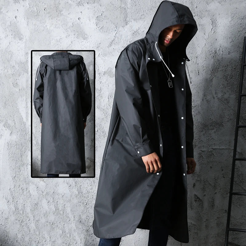 Manteau imperméable long noir d'automne - Veste épaisse à capuche pour l'extérieur