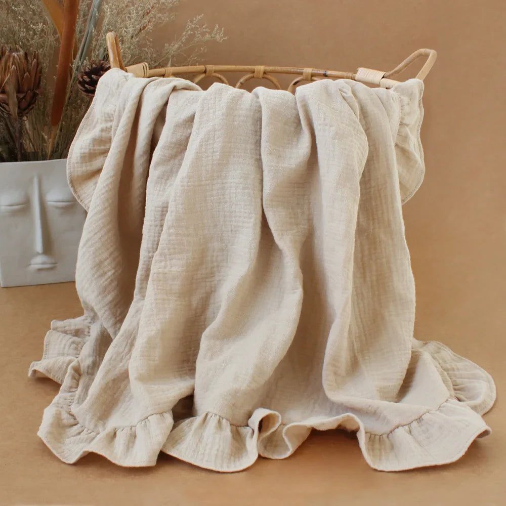 Ekologisk bomull volangerad Muslin Baby Swaddle filt - vit, beige, rosa, lila och blå