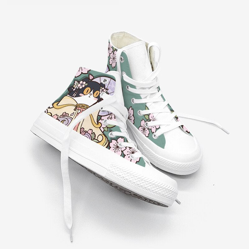 Zapatillas deportivas con diseño de gato y flores retro