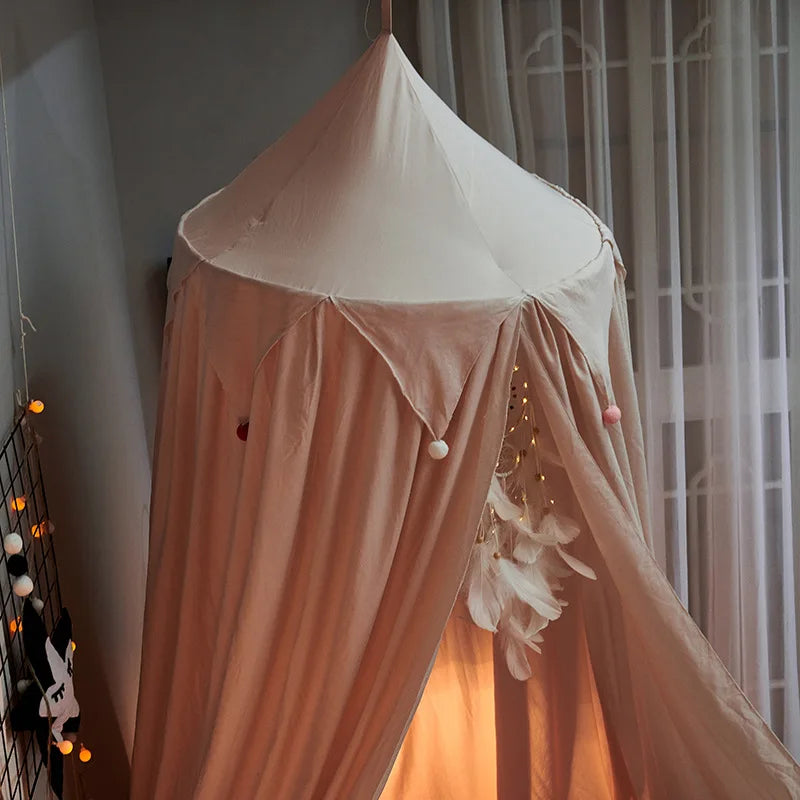 Kids Bed Canopy With Tassel & Frill Detail - White, Pink & Grey