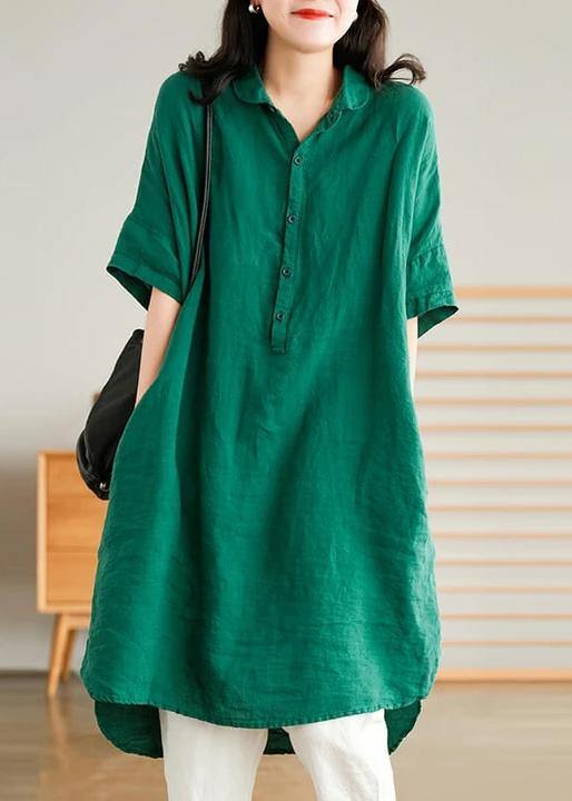 Robe chemise décontractée en lin vert jade pour femmes