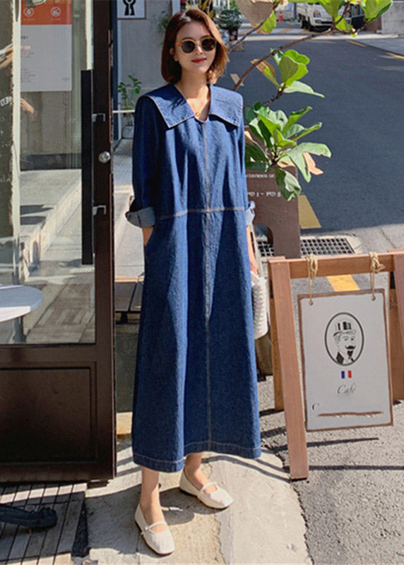 Vestido holgado de manga larga con bolsillos de retazos y cuello Peter Pan azul vaquero