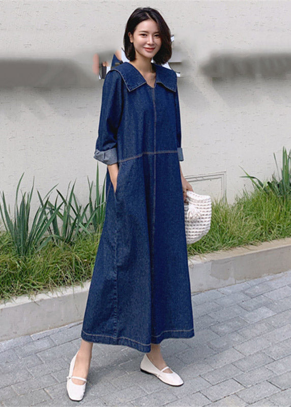 Robe ample en Denim bleu, col Peter Pan, poches Patchwork, manches longues