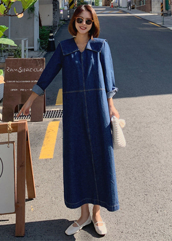 Robe ample en Denim bleu, col Peter Pan, poches Patchwork, manches longues