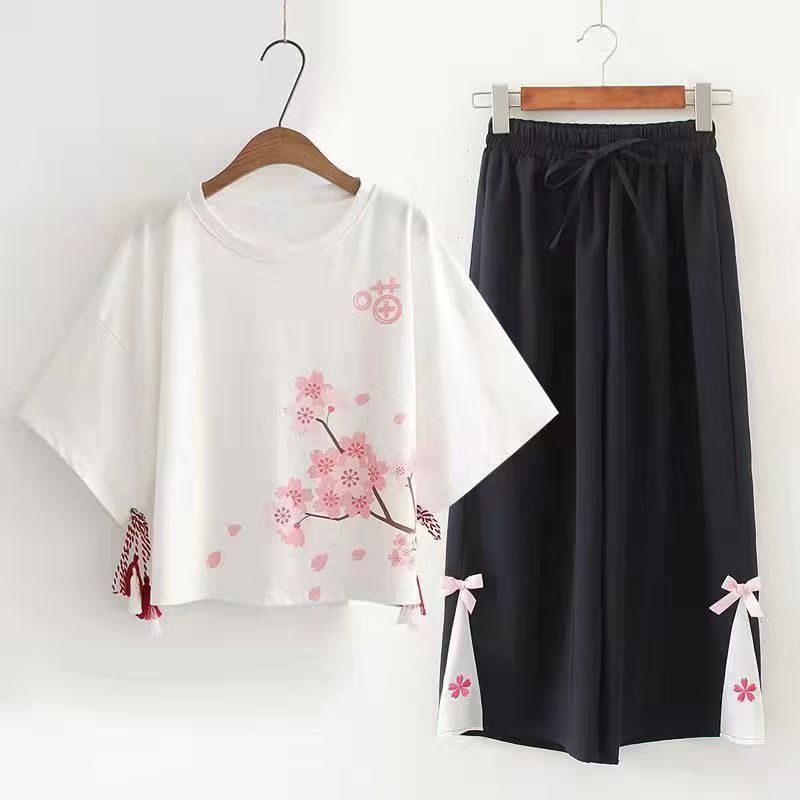 Kawaii Sakura Print Tofs T-Shirt Byxor Tvådelad Set