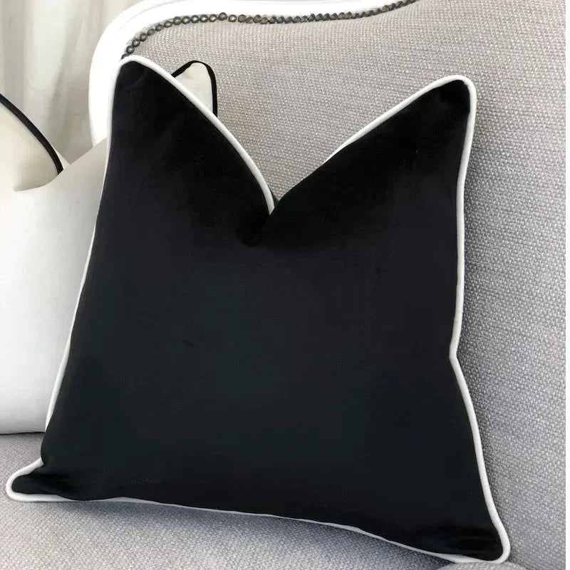 Modern Luxury Velvet Hemming Cushion Covers - Black & White