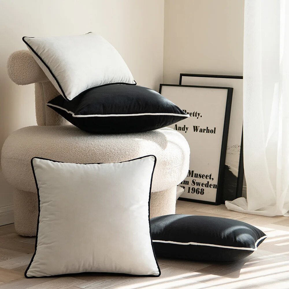 Modern Luxury Velvet Hemming Cushion Covers - Black & White