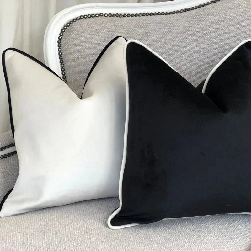 Modern Luxury Velvet Hemming Cushion Covers - Black & White