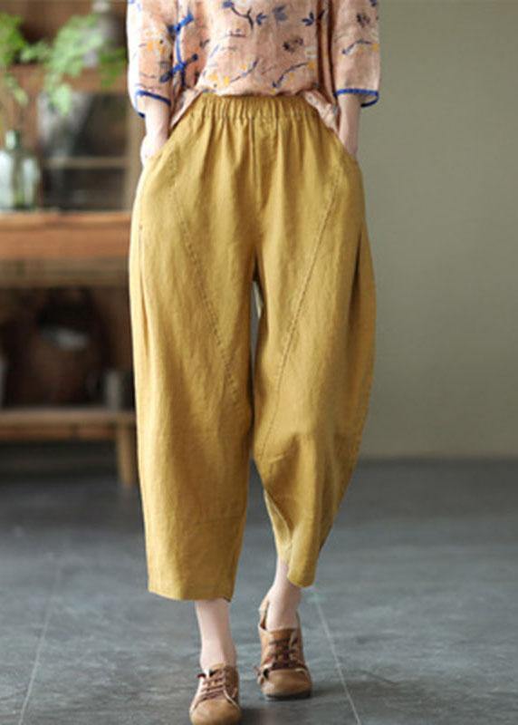 Pantalones Harem De Lino De Verano Con Cintura Elástica Amarillo Natural