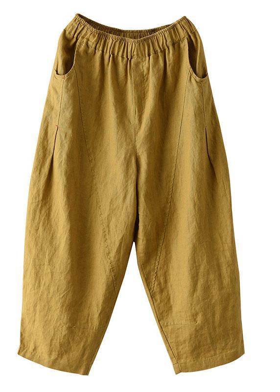 Pantalones Harem De Lino De Verano Con Cintura Elástica Amarillo Natural