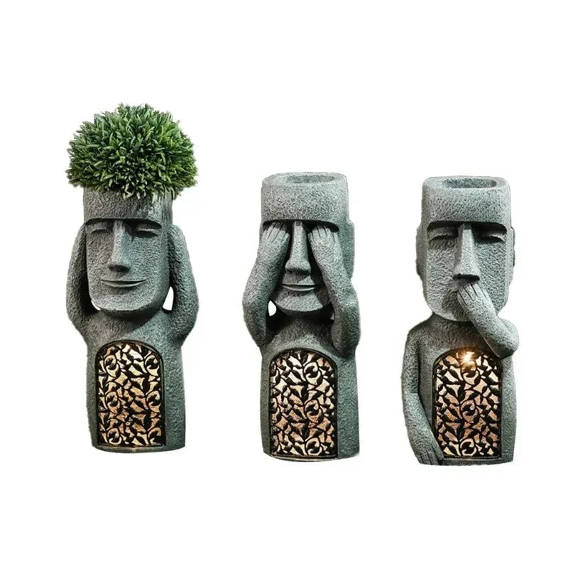 Maceta con estatua de Isla de Pascua - Lámpara LED - Para exterior - Decoración de jardín