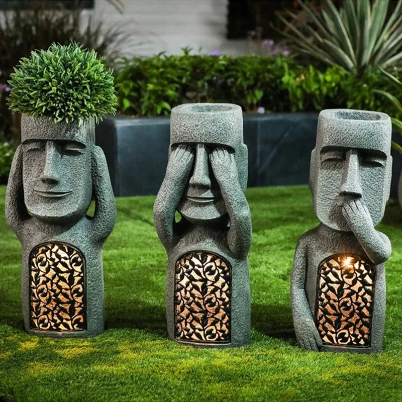 Maceta con estatua de Isla de Pascua - Lámpara LED - Para exterior - Decoración de jardín