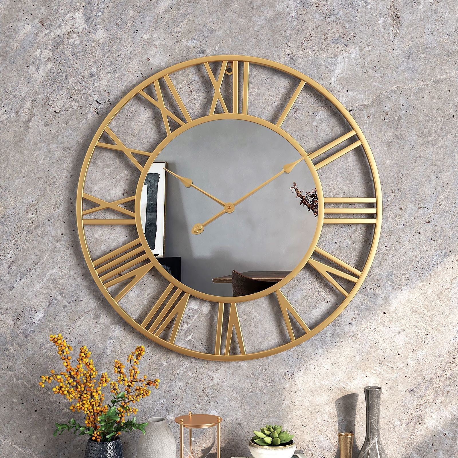 Reloj de pared con espejo de gran tamaño, vintage, de metal, 39 cm