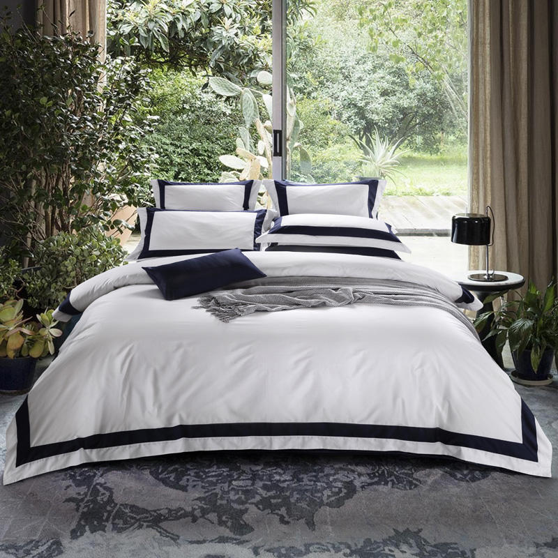 Dark Blue Stripe Egyptian Cotton Luxury White Bedding Set