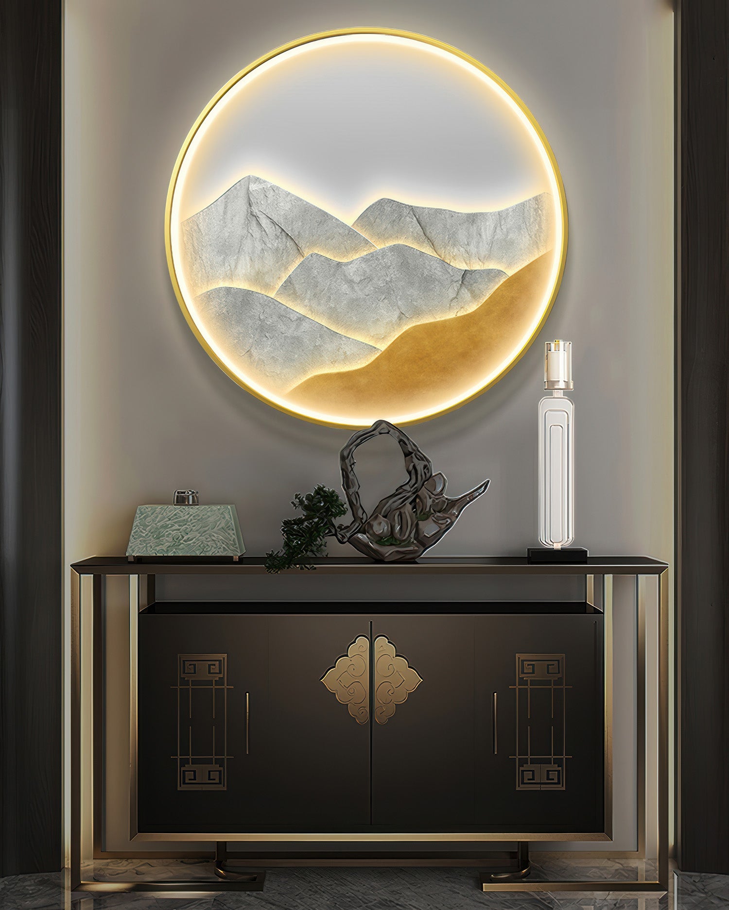 Moderni Luxe Mountain Refuge Silhouette Circle -sisustus