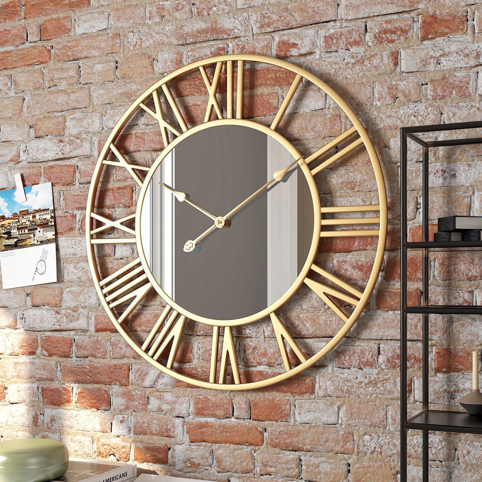 Reloj de pared con espejo de gran tamaño, vintage, de metal, 39 cm