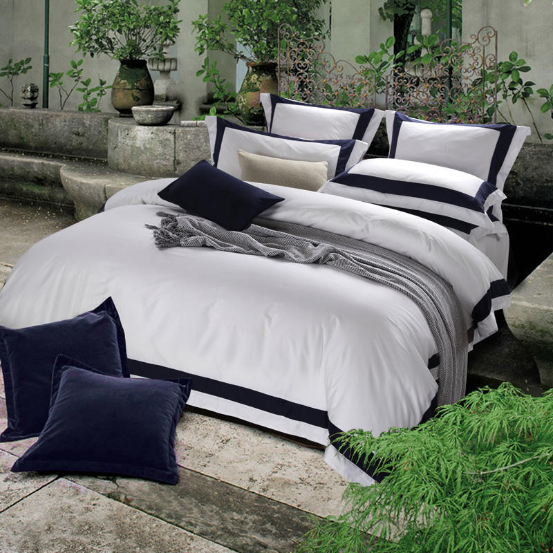 Set di biancheria da letto bianco di lusso in cotone egiziano a righe blu scuro