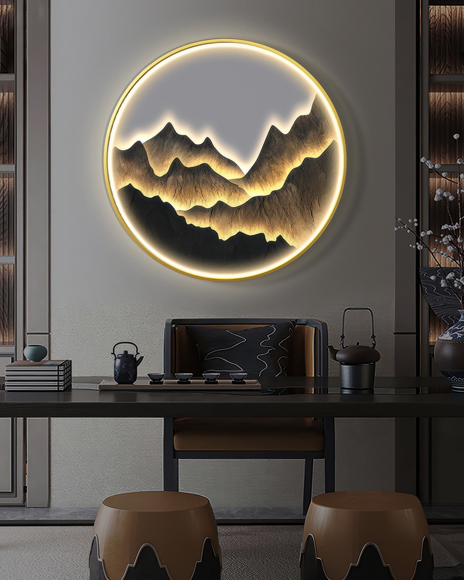 Décor de cercle de silhouette de refuge de montagne de luxe moderne