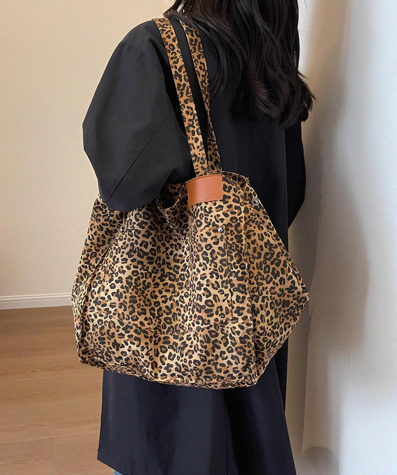 Bolso grande de lona con estampado de leopardo