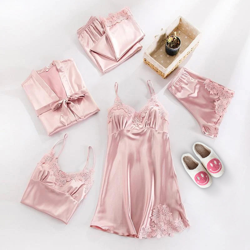 Satin-Nachtwäsche-Pyjama-Set