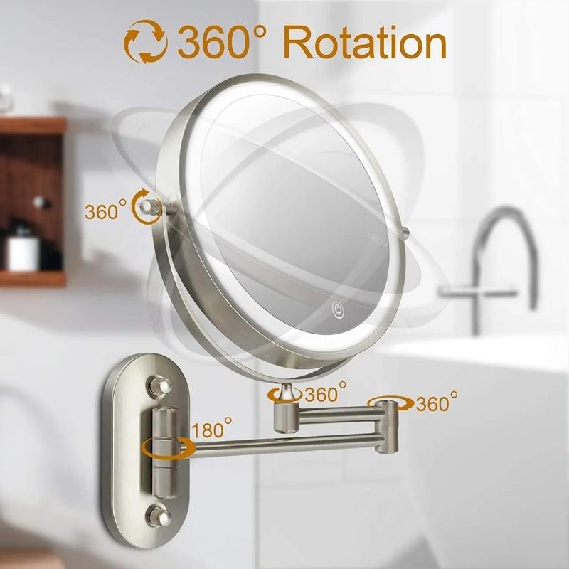 Espejo de tocador de baño y maquillaje con aumento LED recargable de plata mate