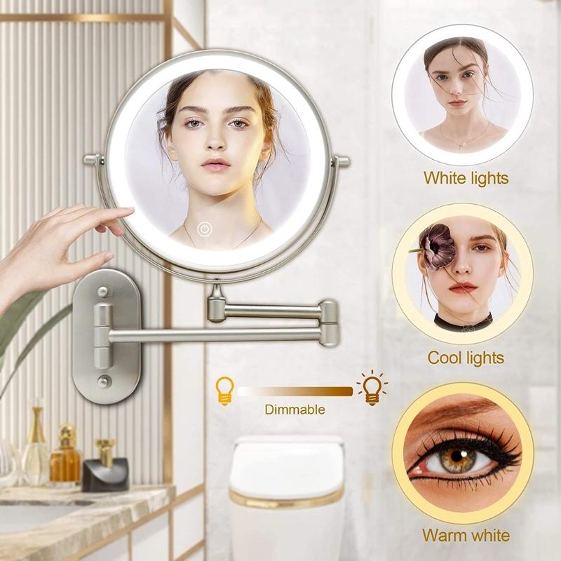 Espejo de tocador de baño y maquillaje con aumento LED recargable plateado cromado