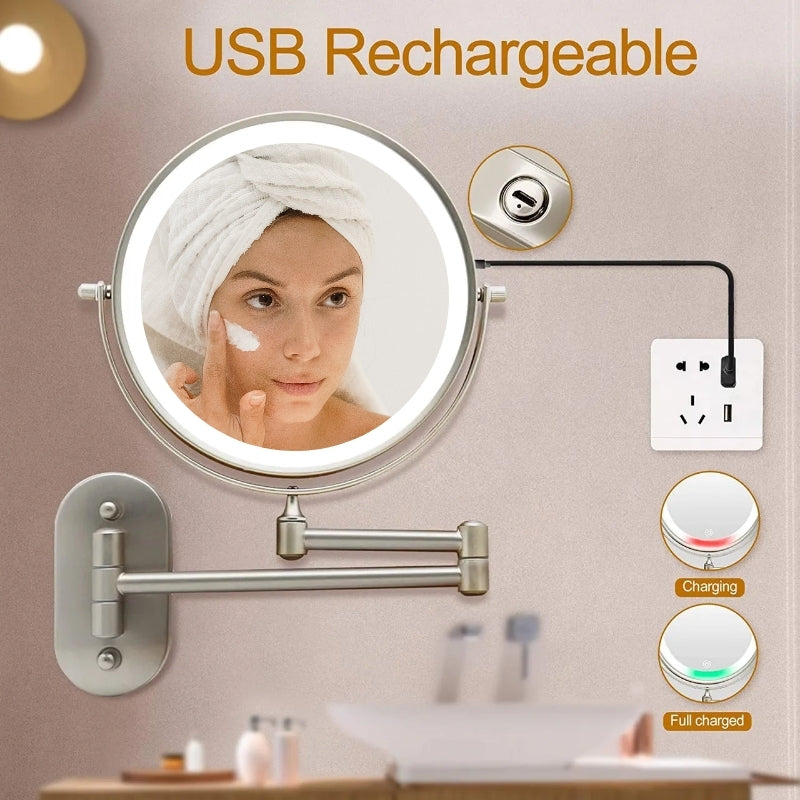 Espejo de tocador de baño y maquillaje con aumento LED recargable plateado cromado