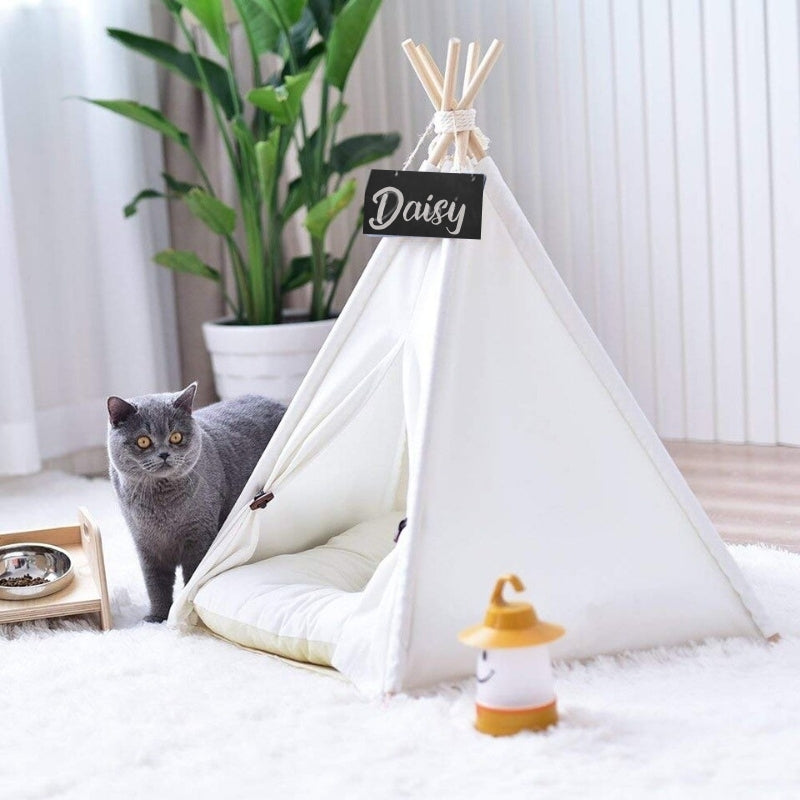 Tipi para gatos de lona blanca con cojín suave