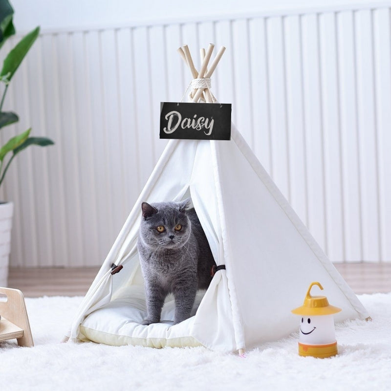 Tenda a forma di teepee per gatti in tela bianca con cuscino morbido per cuccia per gatti